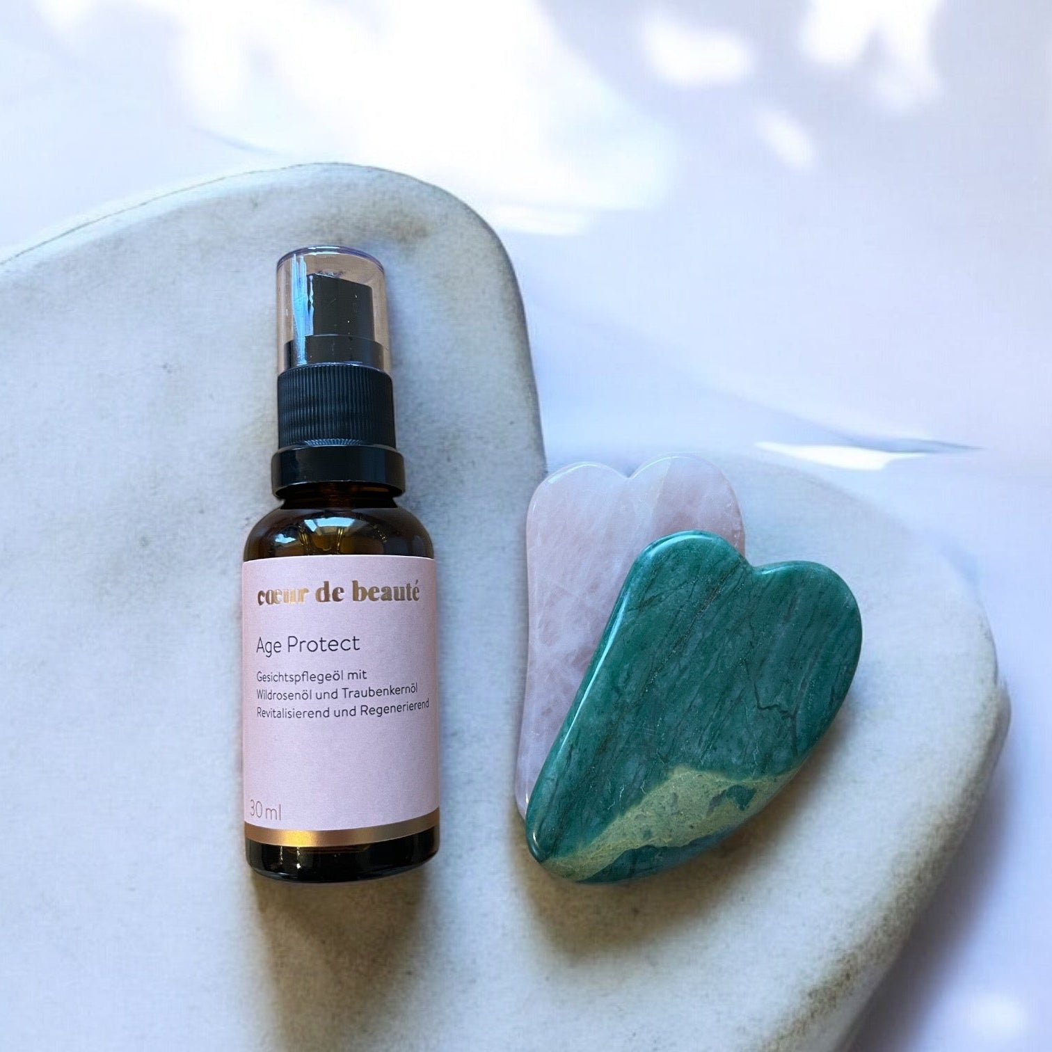 Gesichtsöl Age protect mit Gua Sha Stein Rosenquarz
